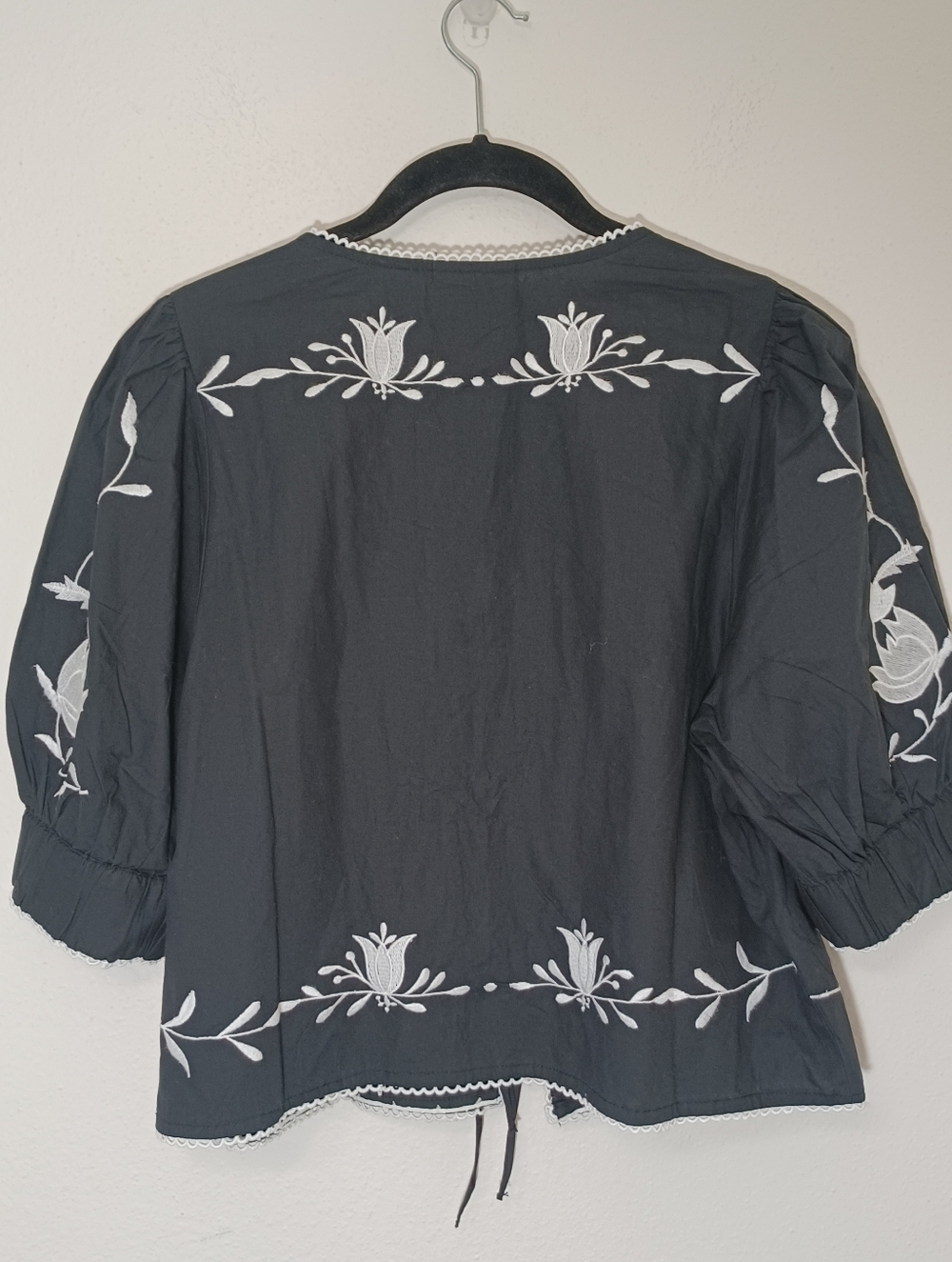 Joie Black Peasant Blouse with White Floral Embroidery - Picture 4 of 6